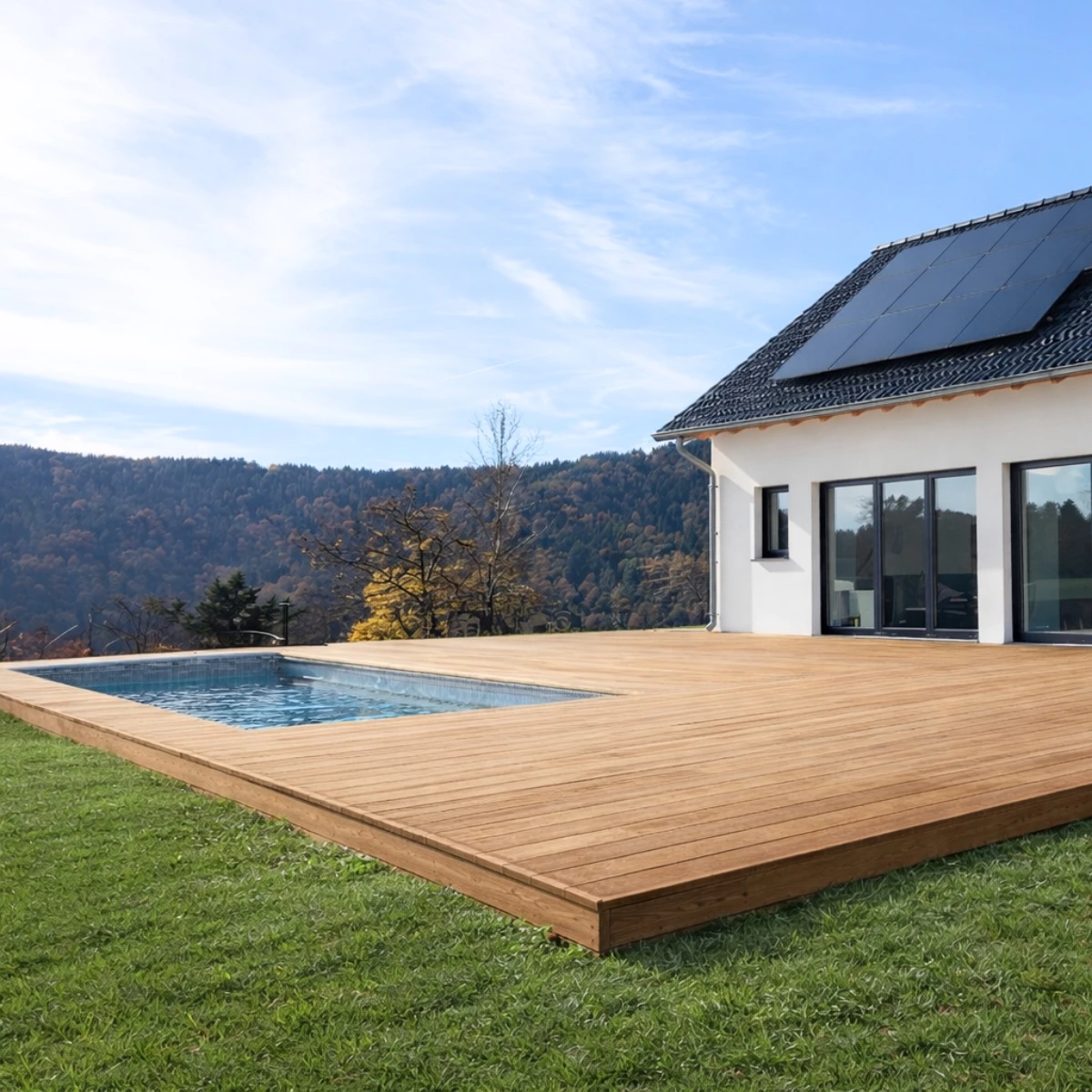 Pose de terrasse en bois autour de psicine