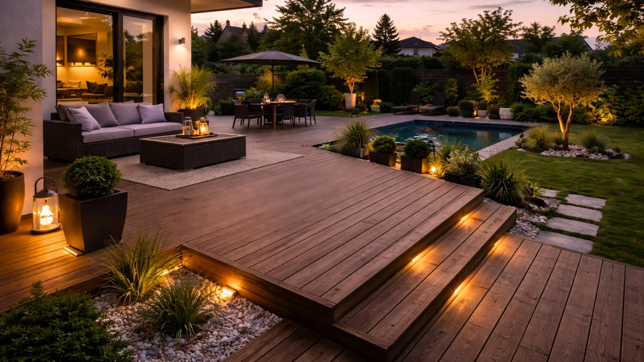 Terrasse bois extérieure moderne aménagement jardin